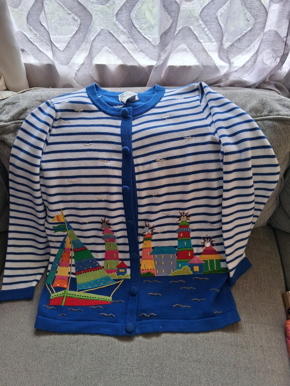 Quacker Factory Blue & White Striped Nautical Cardigan with Colorful Appliqués